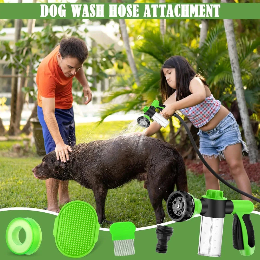 8-in-1 Dog Wash Sprayer with Massage Brush and Grooming Comb, Garden Hose Nozzle for Pet Bathing and Car Washing