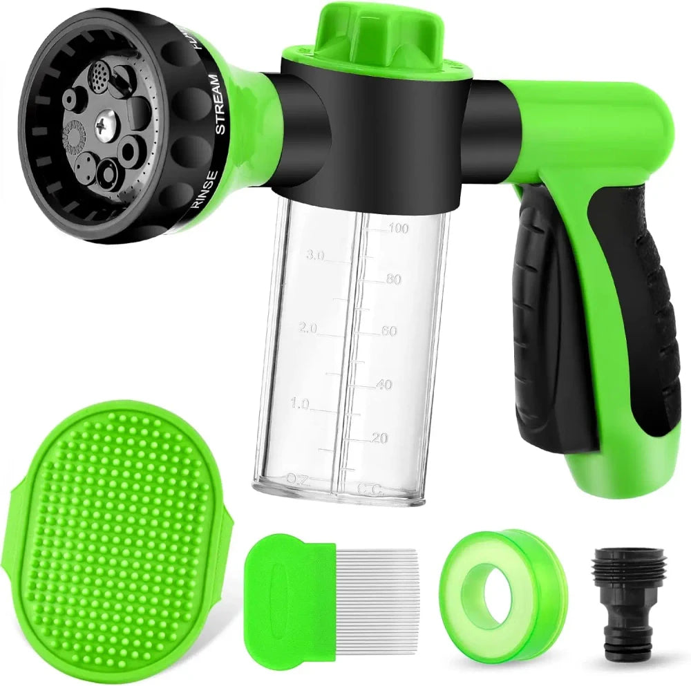 8-in-1 Dog Wash Sprayer with Massage Brush and Grooming Comb, Garden Hose Nozzle for Pet Bathing and Car Washing